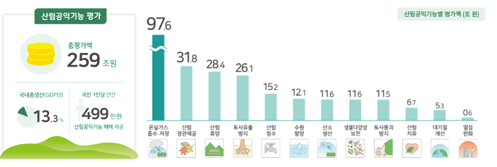 산림공익기능총평가액 259조원, 국내총생산(GDP)의 13.3%, 국민1인당 연간 499만원 산림공익기능 혜택제공, 산림공익기능별 평가액(조 원) 온실가스흡수저장 97.6, 산림경관제공 31.8, 산림휴양 28.4, 토사유출방지 26.1, 산림정수 15.2, 수원함양 12.1, 산소생산 11.6, 생활다양성보전 11.6, 토사붕괴방지 11.5, 산림치유 6.7, 대기질개선 5.3, 열성완화 0.6