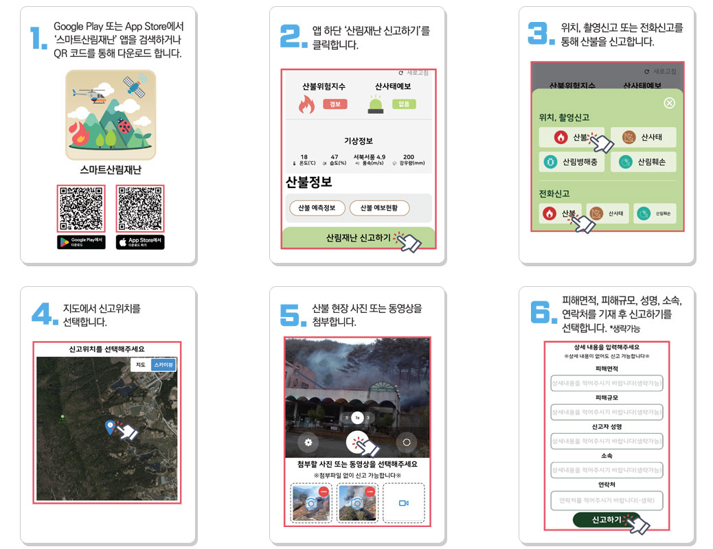 1.스마트산림재난 앱을 검색하거나 QR코드를 통해 다운로드 합니다. 2.앱 하단 산림재난 신고하기를 클릭합니다. 3.위치, 촬영신고 또는 전화신고를 통해 산불을 신고합니다. 4.지도에서 신고위치를 선택합니다.5.산불현장 사진 또는 동영상을 첨부합니다. 6.피해면적,피해규모, 성명, 소속, 연락처를 기재 후 신고하기를 선택합니다. 생략가능